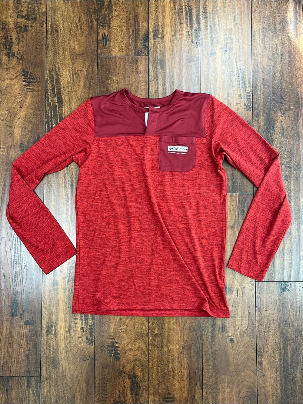 COLUMBIA Red Henley Shirt Long Sleeve Light Weight Youth Large (14/16)